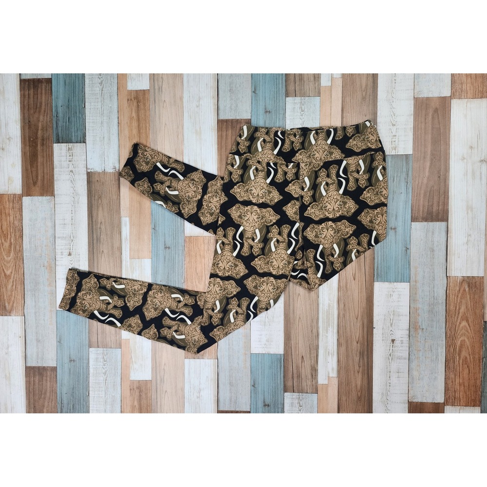 LuLaRoe Elephant Print Leggings OS One Size Black Tan Boho Yoga Pants Full Lngth